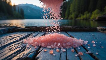 Pouring Pink Salt Crystals Onto Wooden Dock Overlooking Calm Mountain Lake photo
