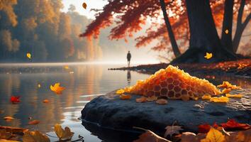 Autumnal Lake Scene with Falling Leaves and Natural Honeycomb Shape photo