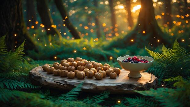 Small Pumpkins and Berries Displayed on Wood in Forest Setting photo