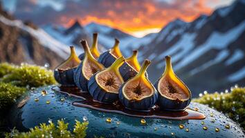 Arrangement of Figs on Wet Stone with Mountain Landscape Backdrop photo