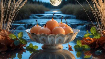 Pears in Bowl by Waterfall Under Moonlight with Autumn Leaves photo