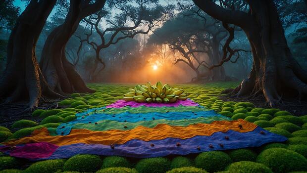 Picnic with Bananas in Enchanted Forest at Sunset with Moss photo