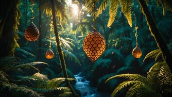 Ornate Hanging Decorations in Lush Forest Scene with Stream photo