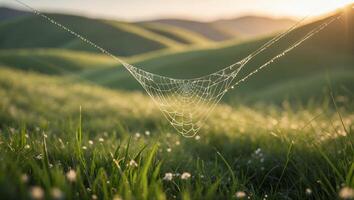 Spiderweb with Dew Drops in Green Field at Sunrise photo