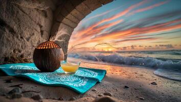 Coconut Drink and Beach Sunset Scenery for Vacation Relaxation photo