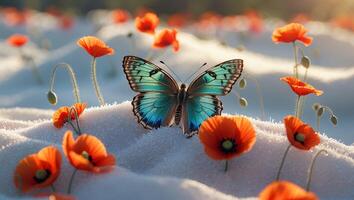 Butterfly on Orange Flowers in White Snowy Field photo