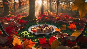 Food in Autumn Forest with Sunlight Shining Through Trees photo