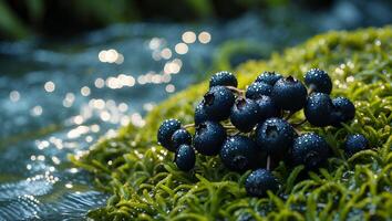 Fresh Blueberries with Water Droplets on Moss Near Flowing Water photo