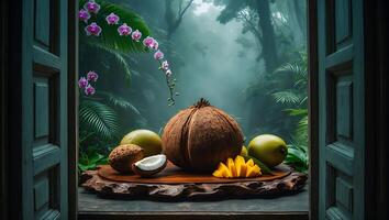 Tropical Fruit Arrangement Seen Through Open Window with Jungle Background photo