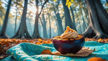 Grilled Fruit Dessert with Cream on Blanket in Forest Setting photo