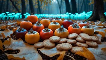 Persimmon and Cookies on Leaves in Forest Setting photo