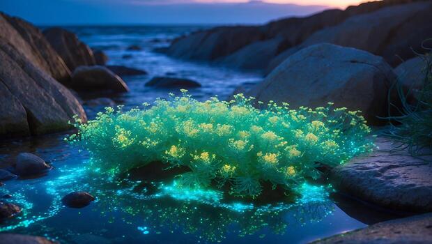 Glow Plant on Rocky Shore at Twilight Reflecting in Tide Pool photo
