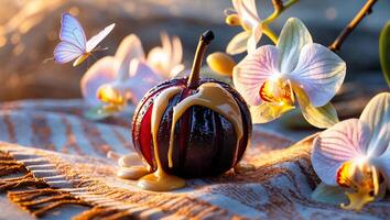 Presenting Ripe Fig with Drizzled Sauce Among Orchids and Butterfly photo