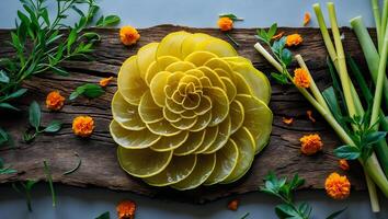 Arranging Yellow Citrus Slices in Artistic Floral Pattern on Rustic Wood photo