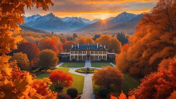 Estate in Autumn Landscape with Mountains at Sunset photo