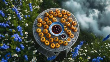 Serving Fruit on Table in Meadow with Wildflowers and Cloudscape photo
