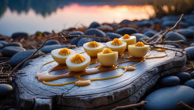 Deviled Egg on Wood Slice with Lakeside View photo