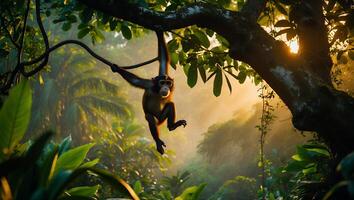 Monkey Hanging From Branch in Jungle with Sun in Background photo