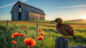 Bird Sitting on Fence in Field of Red Poppies at Sunset photo