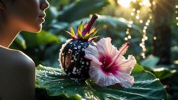 Hibiscus Flower Next to Person in Nature Scene photo