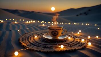 Cup of Coffee in Desert Landscape with String Lights photo