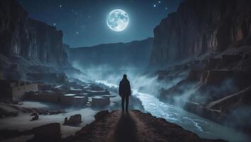 Canyon River at Night with Full Moon and Person photo
