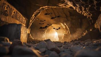 Bat Flying in Ancient Cave with Engravings photo