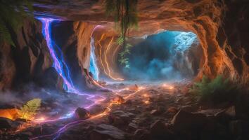 Cave with Glowing Energy Streams and Fern Plants photo