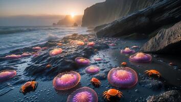 Jellyfish Crab on Sandy Beach at Sunset photo