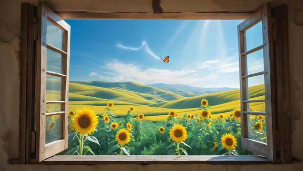 Sunflower Field Seen Through an Open Window with Butterfly photo