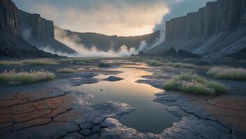 Cracked Ground Reflecting Sky in Canyon Landscape photo