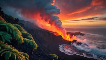 Volcano Eruption at Sunset by Ocean Cliff photo