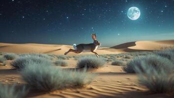 Hare Running in Desert at Night Under Full Moon and Stars photo