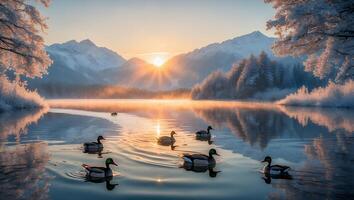Ducks Swim in Lake at Sunrise with Snowy Mountain photo