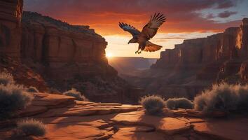 Hawk Flying Over Canyon at Sunset photo