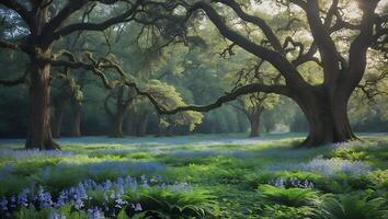 Tree in a Field of Blue Flowers Landscape photo
