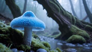 Blue Mushroom in Misty Forest photo
