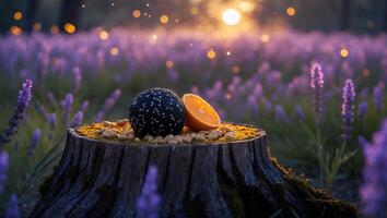 Sesame Ball and Orange on Tree Stump in Lavender Field photo