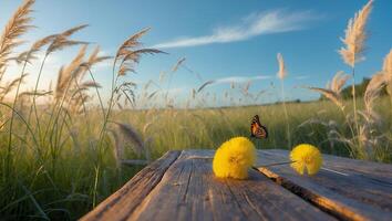 Monarch Butterfly and Yellow Flower on Wooden Surface photo