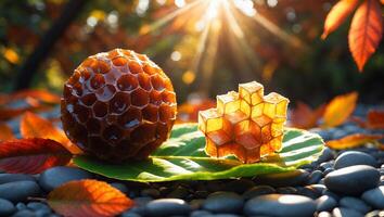 Honeycomb with Sunlight on Leaves and Stones photo
