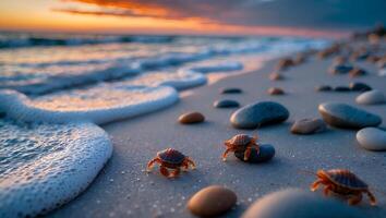 Crab on Beach at Sunset Near Sea photo