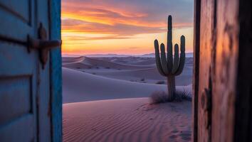 Desert Landscape with Cactus at Sunset Through Open Door photo