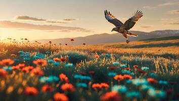 Hawk Flying Over Flower Field at Sunset photo