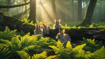 Four Rabbits in Sunlit Forest photo