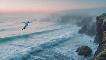 Seagull Flying Over Ocean Waves on Foggy Coastline at Dawn photo