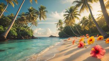 Tropical Beach with Hibiscus Flowers Palm Trees and Turquoise Water photo