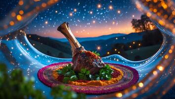 Roasted Lamb Shank on Plate with Night Sky photo