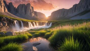 Waterfall Cascading Through Mountain Valley at Sunrise photo