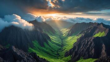 Mountain Valley Landscape with Clouds and Sunlight photo