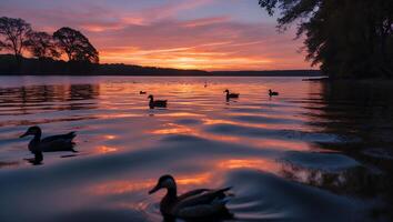 Duck Swims on Lake During Scenic Sunset Sky Landscape photo
